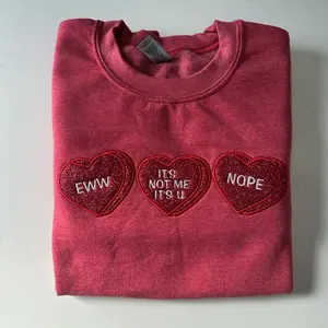 Red EWW Nope It’s Not Me It’s You Heart Embroidered Sweatshirt for Women - Valentine’s Day Special Occasion, Oversized Fleece, Funny Design Womenswear Love Pullover Comfort Crewneck in Heather Red