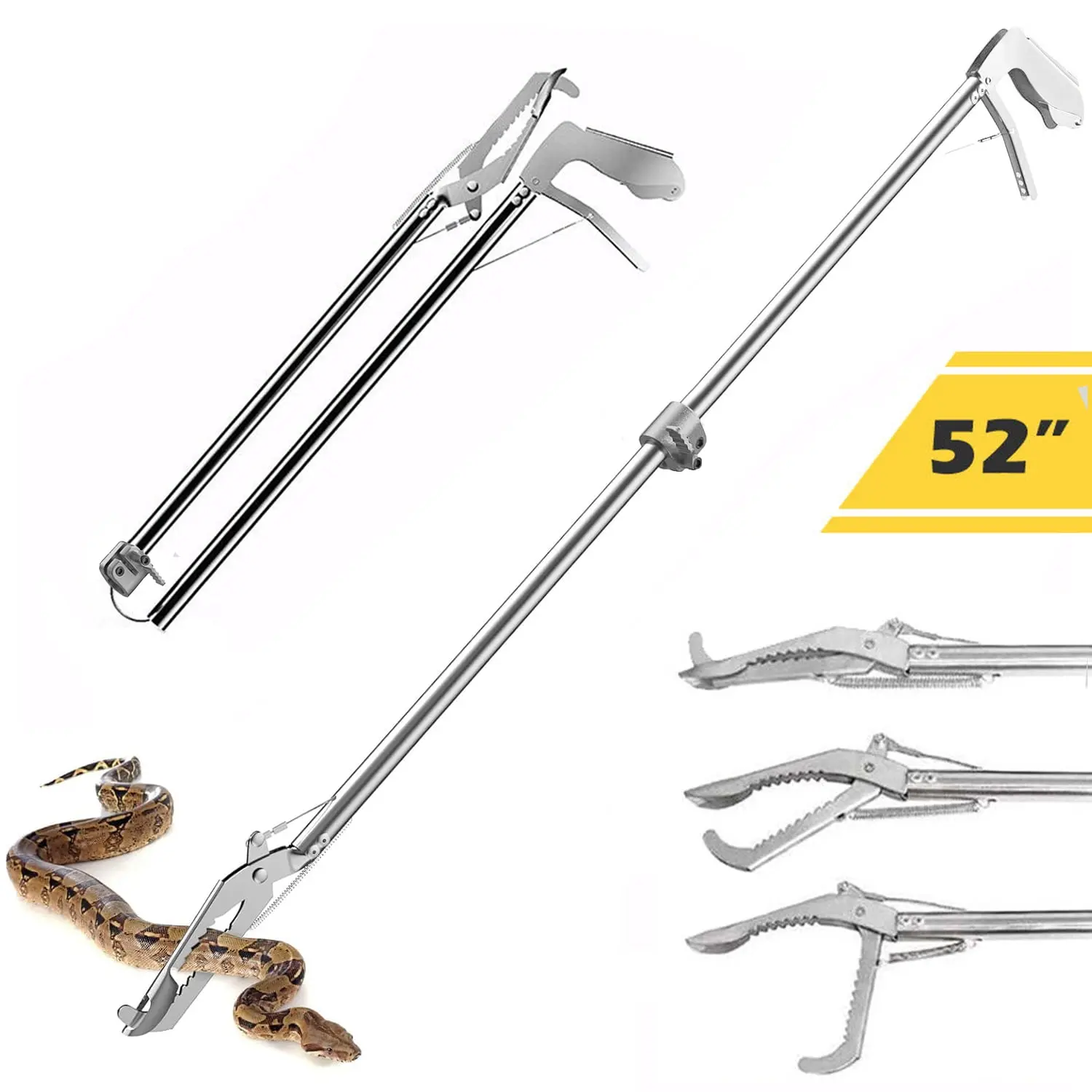 52" Professional Snake Catcher Collapsible Grabber, Heavy Duty Reptile Snake Tongs Stick Rattlesnake Handling Tool Trash Pick up, Litter Picker with Zigzag Wide Jaw- Stainless Steel
