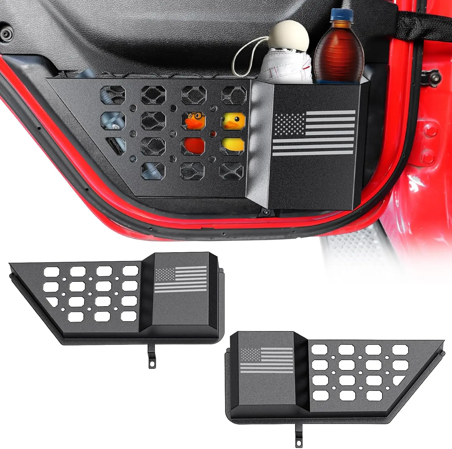 2pcs Metal Rear Door Pocket Storage Boxes - Car Storage Organizers with MOLLE Panels, Flag - Car Interior Stowing Accessories for 2018-2026 JL JLU 4XE, 2020-2026 JT Vehicles