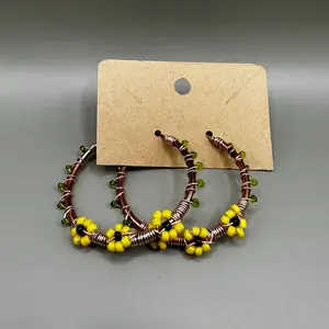 Fashion Accessories Sunflower Brass Wire Seed Bead Hoop Earrings