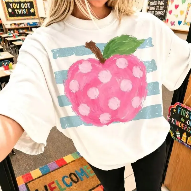 Hand‑Painted Polka Dot Pink Apple Teacher Casual Front Print Cotton T‑Shirt