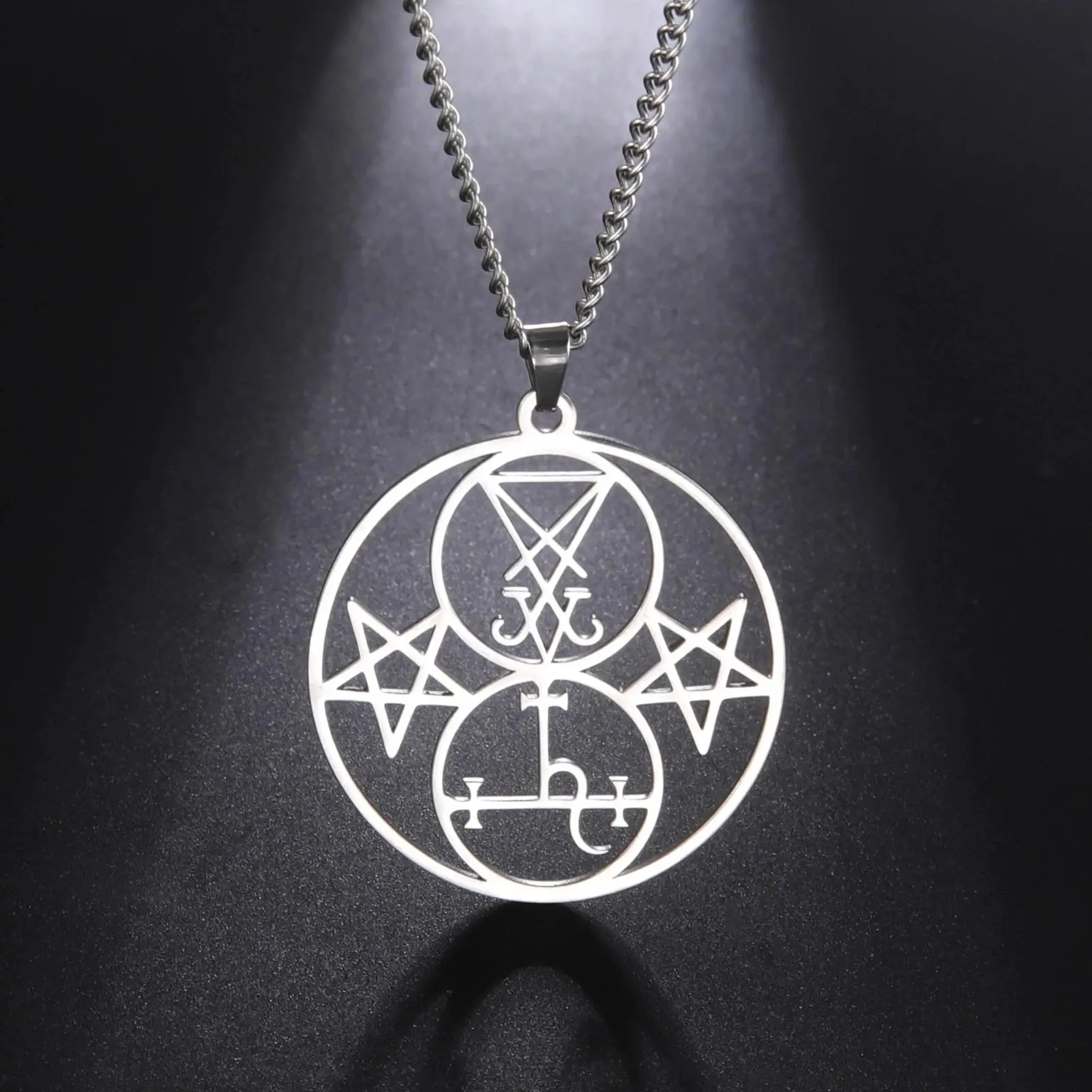 Stainless Steel Lucifer Lilith Double Seal Pendant Necklace - Gothic Pentagram Baphomet Sigil Amulet, Circular Emblem Chain Jewelry, Ornate Symbolic Daily-Wear Long-Lasting Costume Accessory, Gothic Necklaces, Circular Emblem Necklaces