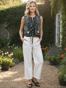 Women's Autumn Ethnic Print Tie-Back Vest Top Short, Sleeveless Round Neck Bow Vintage Fashion Jacket, Stylish Casual Wear