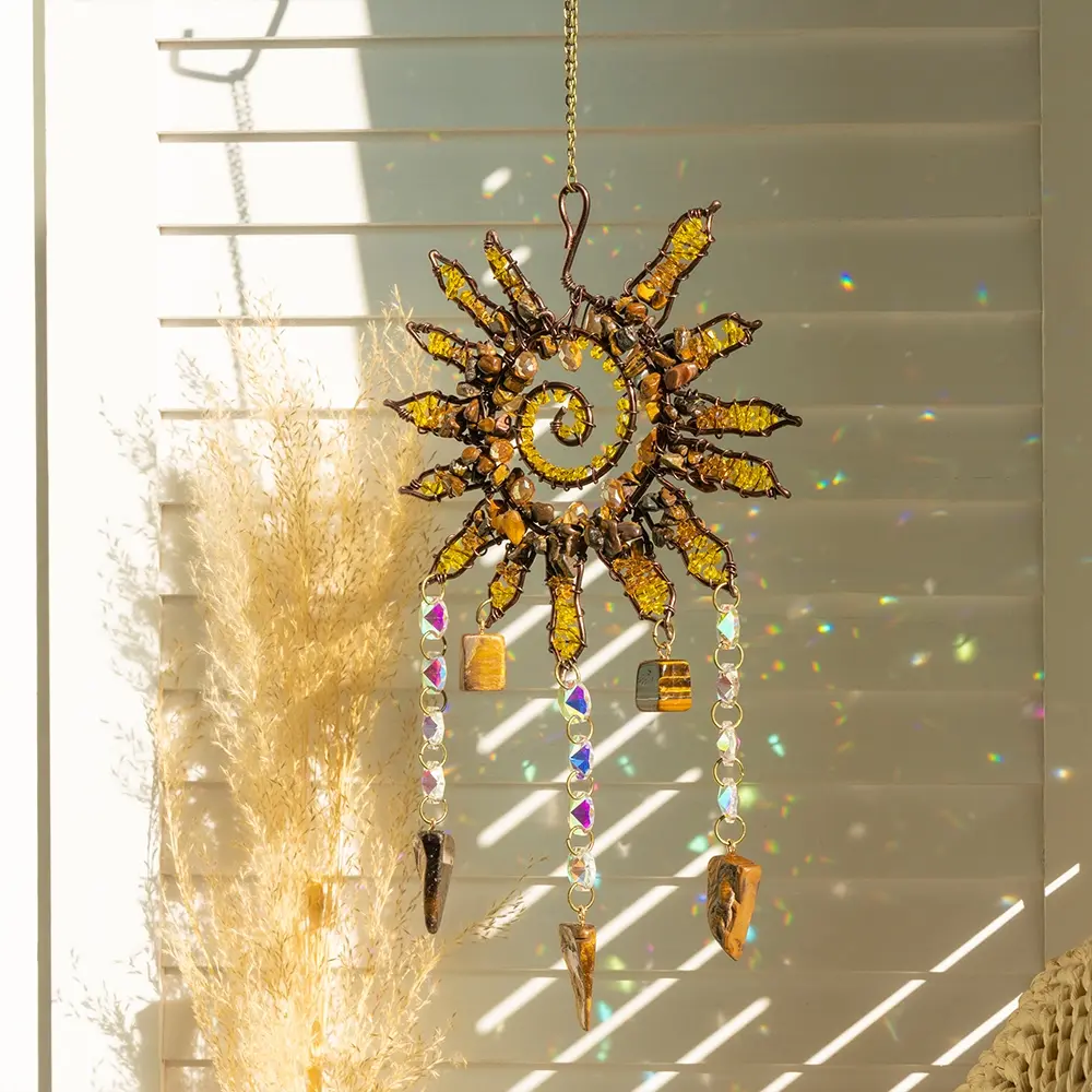 Sun Design Crystal Hanging Decorative Pendant, 1PC Bohemian Style Sun Catcher, Natural Gravel Hand-Wrapped Pendant, Indoor Outdoor Office Room Hanging Dream Catcher, Hanging Ornaments, Boho Decoration, Birthday, Christmas, Valentine'S Day Gift