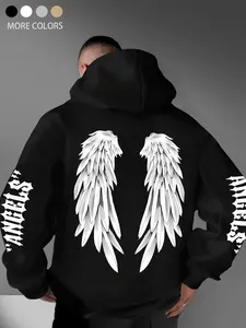Men's Gothic Black-White Wing Hoodie | Polyester Casual Pullover, Machine-Washable & Wrinkle-Resistant | Angel/Demon Wing Print, Back + Arm Letter Details | Autumn-Winter Warm, Loose (Layer-Friendly) | Fits Music Festivals/Gothic Trend Outings