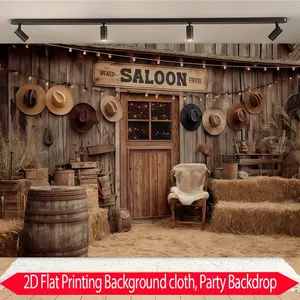 Rural Western-Themed Backdrop Banner, Retro Style with Haystacks & Cowboy Hats, Ideal for Themed Parties, Home Decoration, Photography Studio