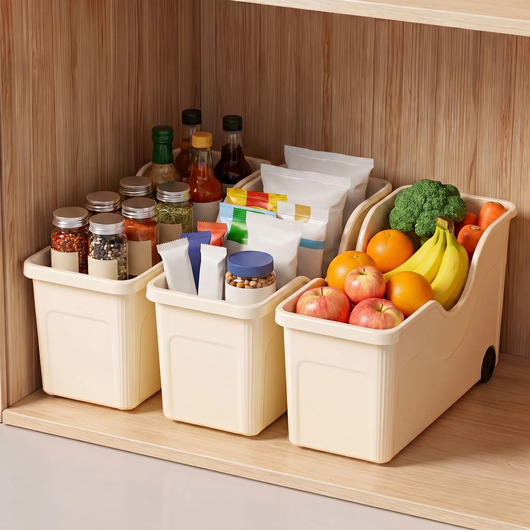 3Pcs Pull-Out Rolling Storage Bins, Large Capacity Wheeled Plastic Kitchen Storage Organizer Containers for Spices, Produce, Condiments & Items – Durable Space-Saving Design for Organizing in Kitchen, Bathroom, Cabinets or Fridge