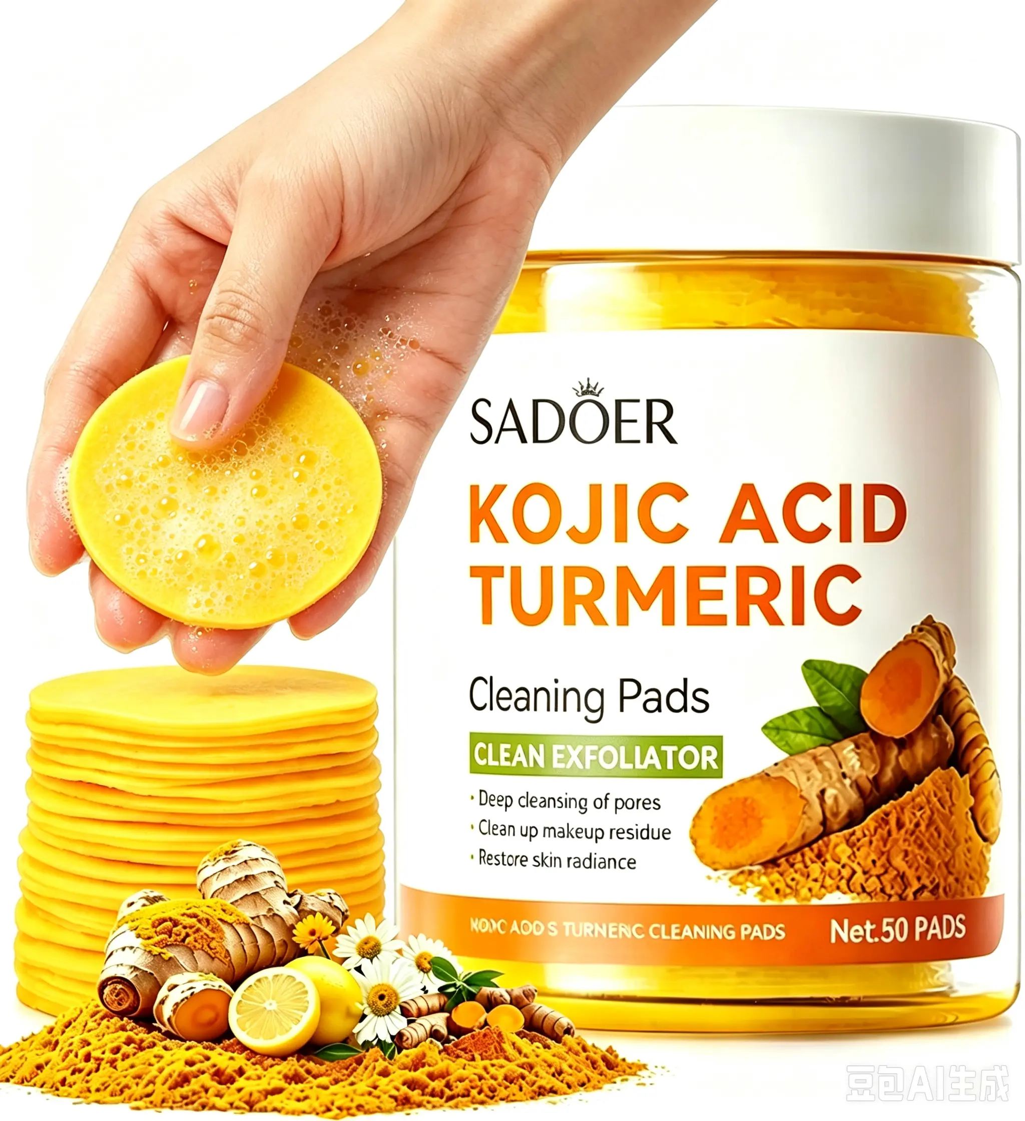 Kojic Acid Turmeric Cleaning Pads, 50 Pads, Dark Spot & Pigmentation Care for Uneven Skin Tone