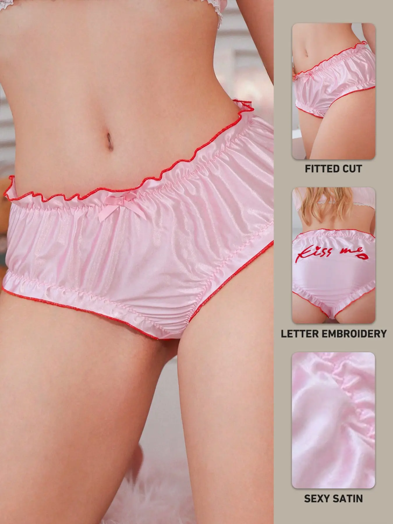 Valentine's Day Satin Lace Embroidered Women's Thong Panties, Sweet Cute Letter Floral Stitching, Silk Smooth Satin Underwear, Comfortable Fashion Design， calzone de mujeres，bargain，sexy，boyfriend gifts，cool girl outfits，chica under