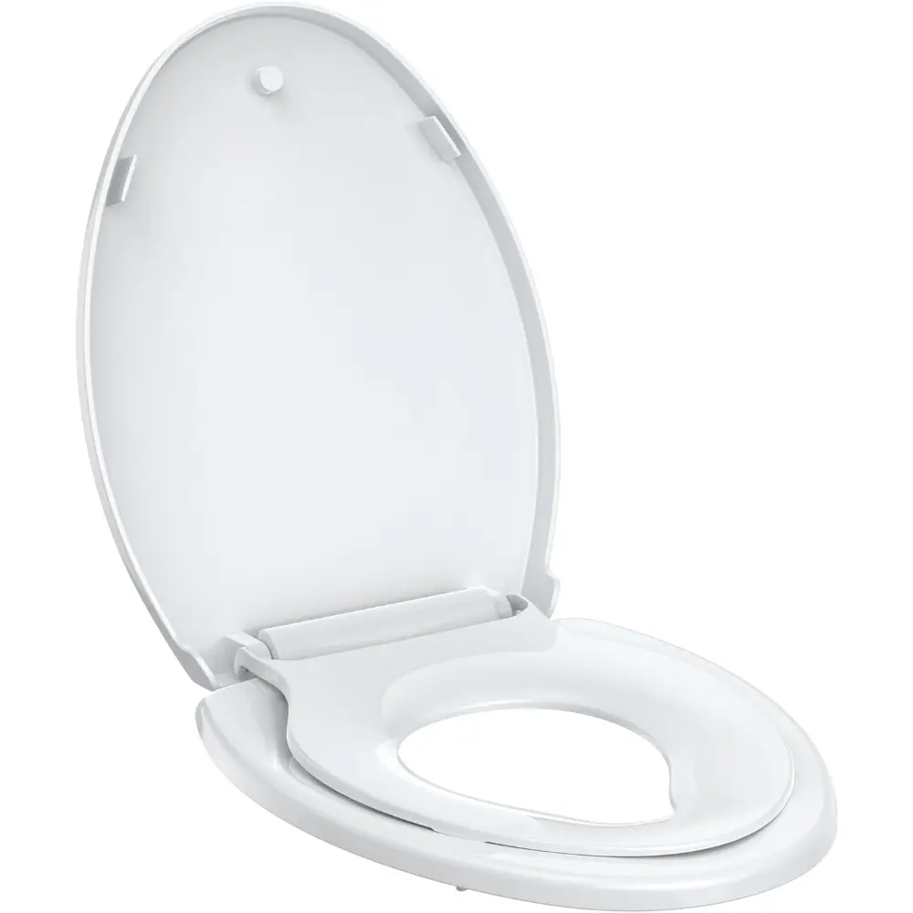 Elongated Toilet Seat with Built-in Toddler Seat - Quiet Close, Quick Release, Non-Slip Bumpers, Easy Install - White Potty Training Toilet Seat for Family Bathroom