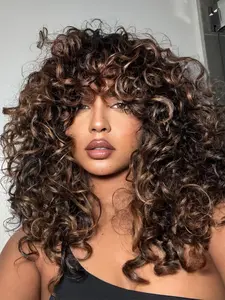 Ombre Brown Curly Afro Wig for Women Curly Wigs with Bangs 18 Inch Long Curly Afro Synthetic Wig for Cosplay and Daily