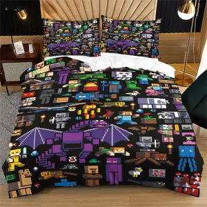 Pixel Game Style Duvet Cover Set, Game Character Black Background Full Pixel Print Bedding Set, Includes 1/2 Pillowcases - without Core, Soft and Comfortable, Warm and Skin-Friendly, Ideal for Pixel Style Lovers' Bedding Decor