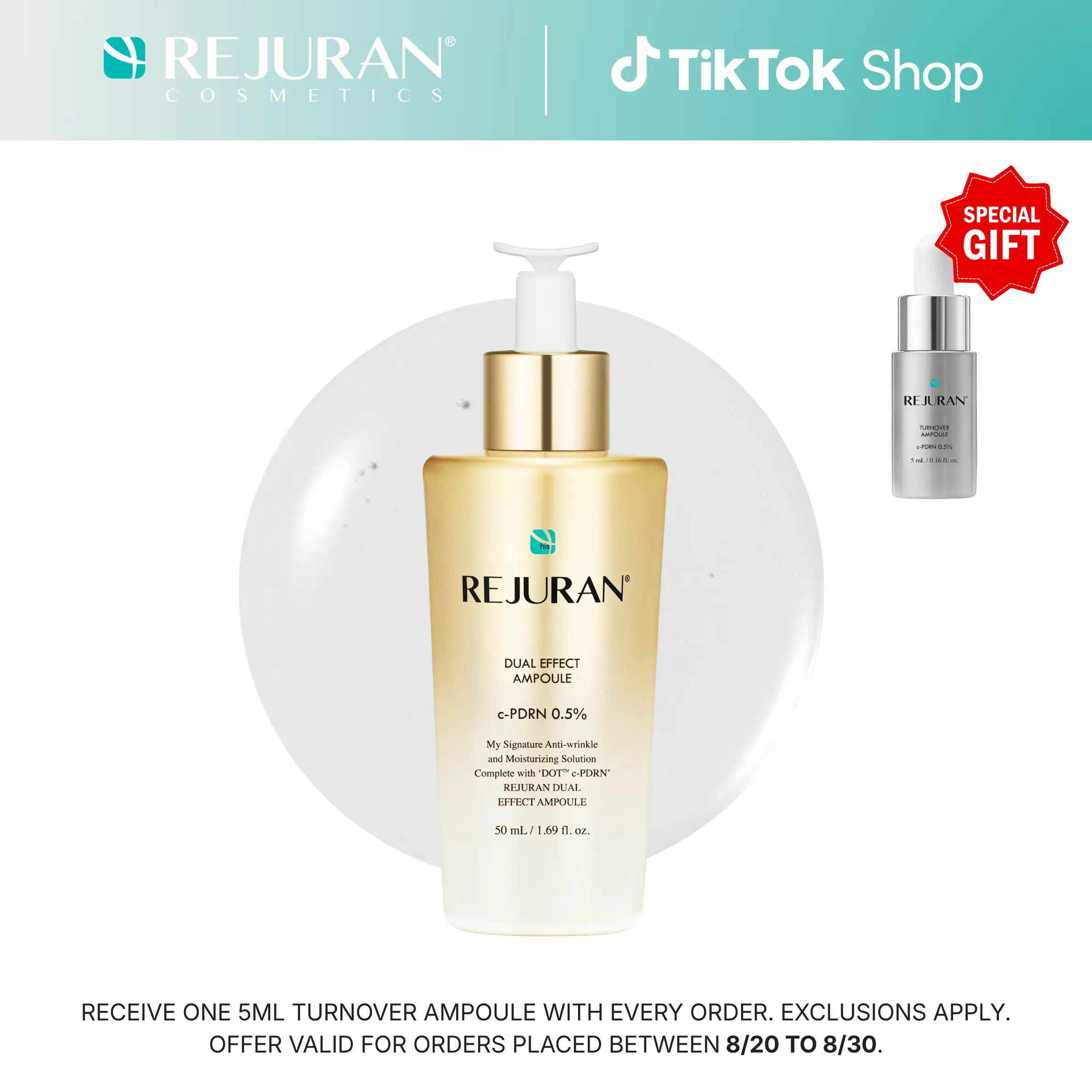 REJURAN Dual Effect Ampoule, DOT DUAL c-PDRN - Rejuvenating Face Serum for Radient Glass Skin, Wrinkle and Fine Line Treatment, Firming, and Deep Hydration, Korean Skincare (1.69 fl oz)