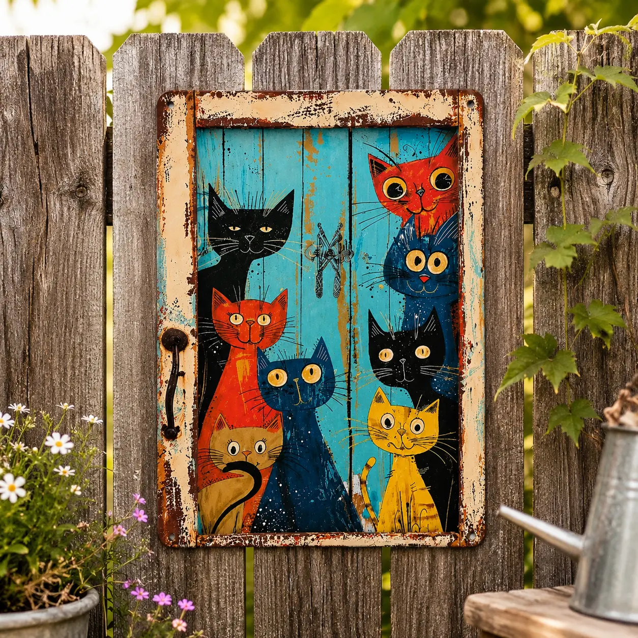 Artistic Playful Cartoon Graphic Prints Lightweight Aluminum Hanging Peeking Cats Metal Wall Art - Creative Design Print Vintage Colorful Farmhouse Plaque, Outdoor Home Decor for Patio, Garden, Funny Print Design, Decoration Items