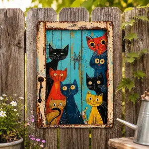 Funny Peeking Cats Metal Wall Art – Colorful Vintage Farmhouse Cat Sign for Patio, Garden, Fence, Bar & Home Decor