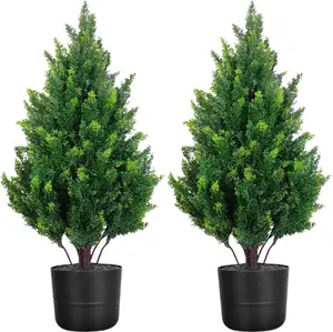 Set of 2 Artificial Cedar Topiary Trees, 27.6'' Outdoor Faux Plants Pine Shrubs with Pots, UV Resistant Realistic Fake Evergreen Cypress Bushes for Indoor Front Porch Door Offices Home Decor