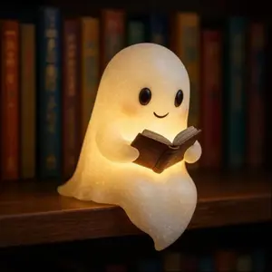 Whimsical Reading Ghost Resin Figurine Handmade Halloween Home Decor Adorable Desktop Shelf Accent Unique Craftsmanship Book Loving Ghost for Everyday Use