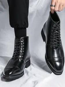 Men's Business Style Solid Color/Colorblock Lace Up Front Boots, Fashionable Pointed Toe Ankle Boots for Work Office, Male All-match Shoes for Daily Wear