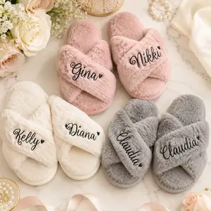 Women's RodyThread Personalized Fluffy Faux Fur Footwear - X-Strap Criss-Cross Fuzzy Slides with Emerald Green Silk Satin Finish, Ideal for Bridesmaids Bridal Party GRWM Gift