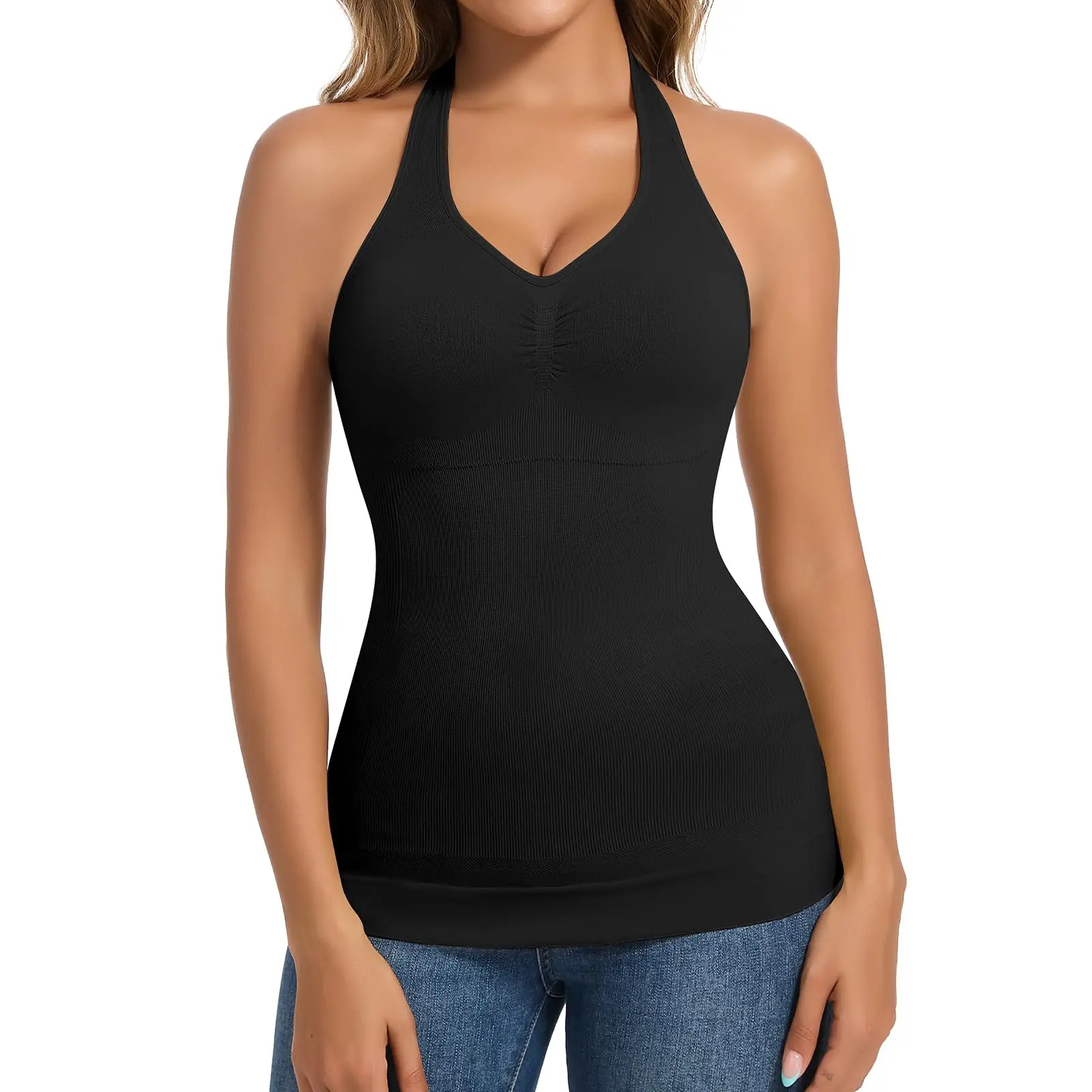Joyshaper Women's V-Neck Halter Shapewear Tank, Tummy Control Compression Cami with Built-in Bra for Evening Wear and Nightwear