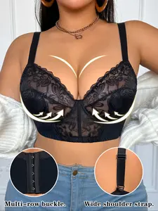 Women's Plus Size Lace Push-Up Bra, Multi-Row Buckle Wide Shoulder Straps, Comfortable Steel Ring Underwear, Elegant Gift