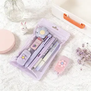 7PCS Kawaii Purple Stationery Set – Cute School Supplies Kit with Ballpoint Pens, Highlighter, Correction Tape, Eraser & Pencil Sharpener, Aesthetic Writing Supplies for Students, Note Taking, Journaling & Office Use, Back to School Essentials