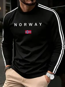 Men's Long Sleeve Graphic Tee, Norway Print, Loose Fit Round Neck Sweatshirt, Street Style Casual Top for All Seasons