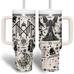 Sleep Token 40oz Tumbler with Handle - Rain Down On Me Gothic Music Merch - Vessel Fan Gift - Sacred Geometry Anti-Possession Travel Mug - Insulated Stainless Steel Cup with Straw