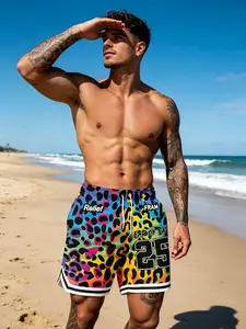 Men's Rainbow Leopard Print Beach Shorts, Hip Hop Street Style Quick-Dry Swim Sports Five-Quarter Pants, Loose-Fit Casual Wear, Summer Swim Trunks