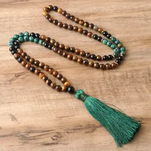African Turquoise Tiger Eye Mala Prayer Bracelet  or Necklace with Green Tassels - 108 Natural Gemstone Beaded Healing Bracelet