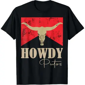 Menswear Unisex 100% Cotton Light Short-Sleeve Fitted Printed Western Top - Round Neck, Sweat Fabric, Country Cowboy Bull Skull "Howdy Putos" Graphic, Casual Style, Summer Wear, COD Eligible