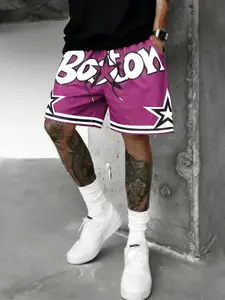 Men's Boston Graffiti Print Basketball Shorts, Street Style Mesh Gym Shorts, Drawstring Design, Casual & Sporty Wear