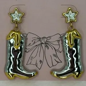Rodeo Boot Earrings Stainless Steel 18K Gold Plated with Star Accent Fashion Jewelry
