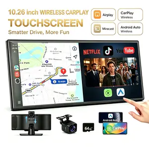 2026 Upgraded Wireless CarPlay Screen: 10.26 inch IPS Touchscreen supporting CarPlay, Android Auto, Mirror Link (supports tiktok and youtube), Backup Camera, Navigation, and Voice Assistant