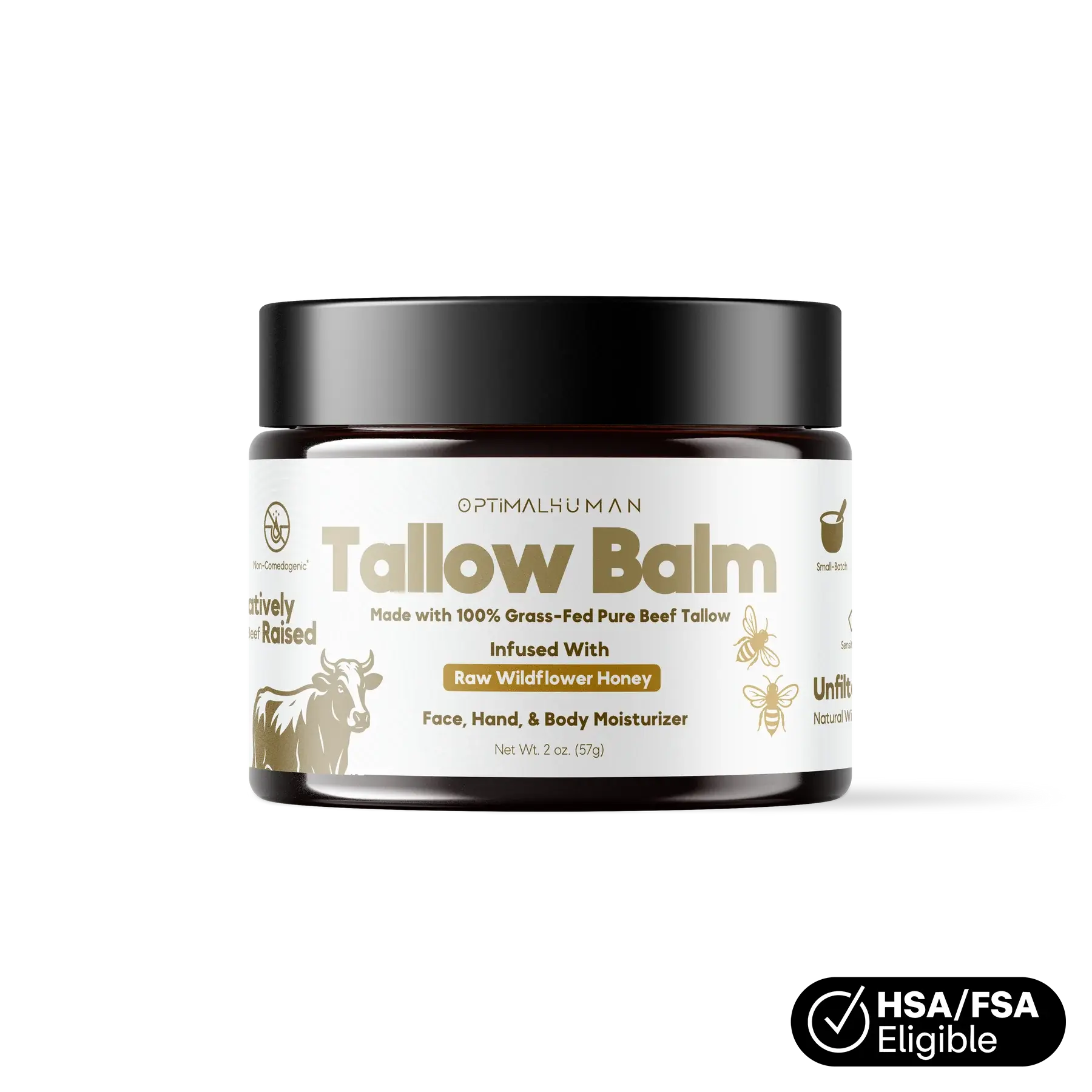 O H Grass-Fed Tallow Balm With Raw Honey - For Sensitive, Dry Damaged Skin - Face, Hand, and Body Moisturizer - Optimal Human