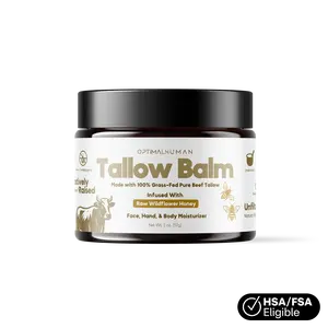 O H Grass-Fed Tallow Balm With Raw Honey - For Sensitive, Dry Damaged Skin - Face, Hand, and Body Moisturizer - Optimal Human
