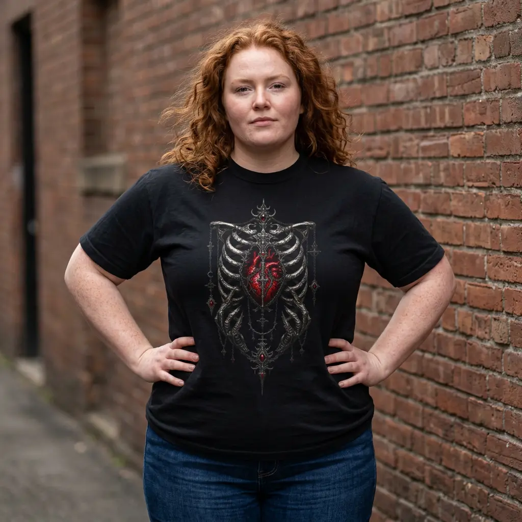 Anatomical Ribcage with Red Heart T-Shirt | Gothic Skeleton Chest Design
