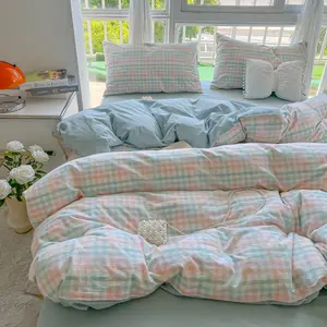3pcs Blue Green Plaid Print Girls Bedroom Dorm Duvet cover Set, Fresh Simple Style Bedding,includes Duvet Cover and Two Pillowcases