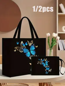 Two-Piece Butterfly Print Handbag Set, Fashionable Design with Coin Purse, Ideal for Shopping, Travel, Beach, Daily Use, Gift