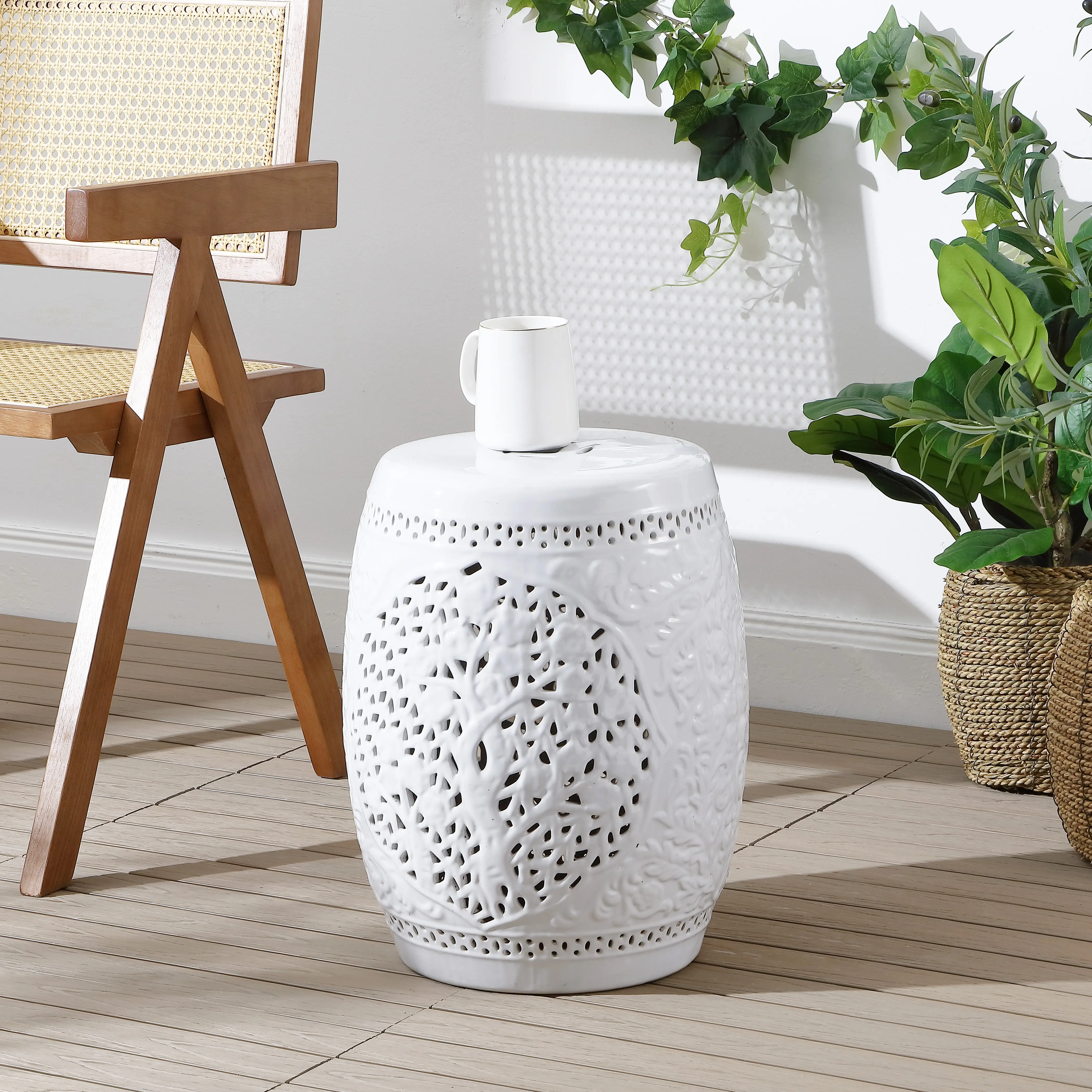 JONATHAN Y Tree of Life 18" Ceramic Garden Stool - White, Patio Outdoor Furniture JONATHAN Y Tree of Life 18" Ceramic Garden Stool - White, Patio Outdoor Furniture