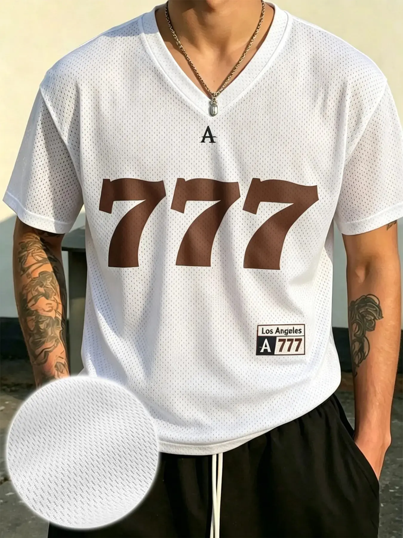 Men's Retro Sporty 777 Number Mesh Eye Tee, Summer Casual Breathable Short Sleeve, Fashion Round Neck Top, Comfortable Streetwear Street Style
