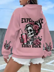 Trendy Colorblock Queen Print Rose Hoodie, Casual Fitted Style, Moderate Fabric Thickness, Perfect for Fall & Winter, Daily Wear & Party, Skull