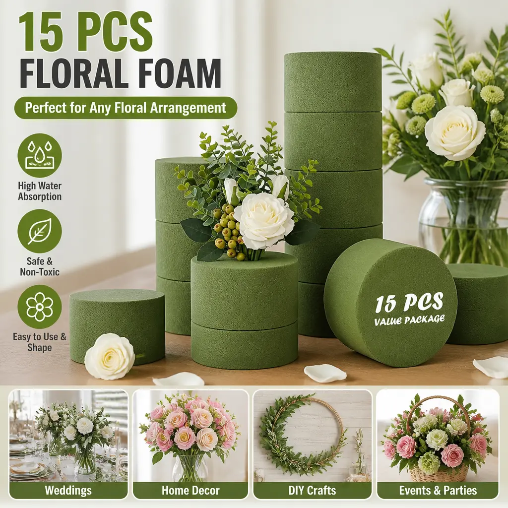 15-Pack 3.15x1.54in Green Round Floral Foam Bricks, Wet & Dry Use Bulk Foam Blocks for Diy Flower Filling, Diy Craft Decor, Bouquets, Vase, Fresh Flowers - Specialty Kitchen Craft Supplies for Florists, Diy Material