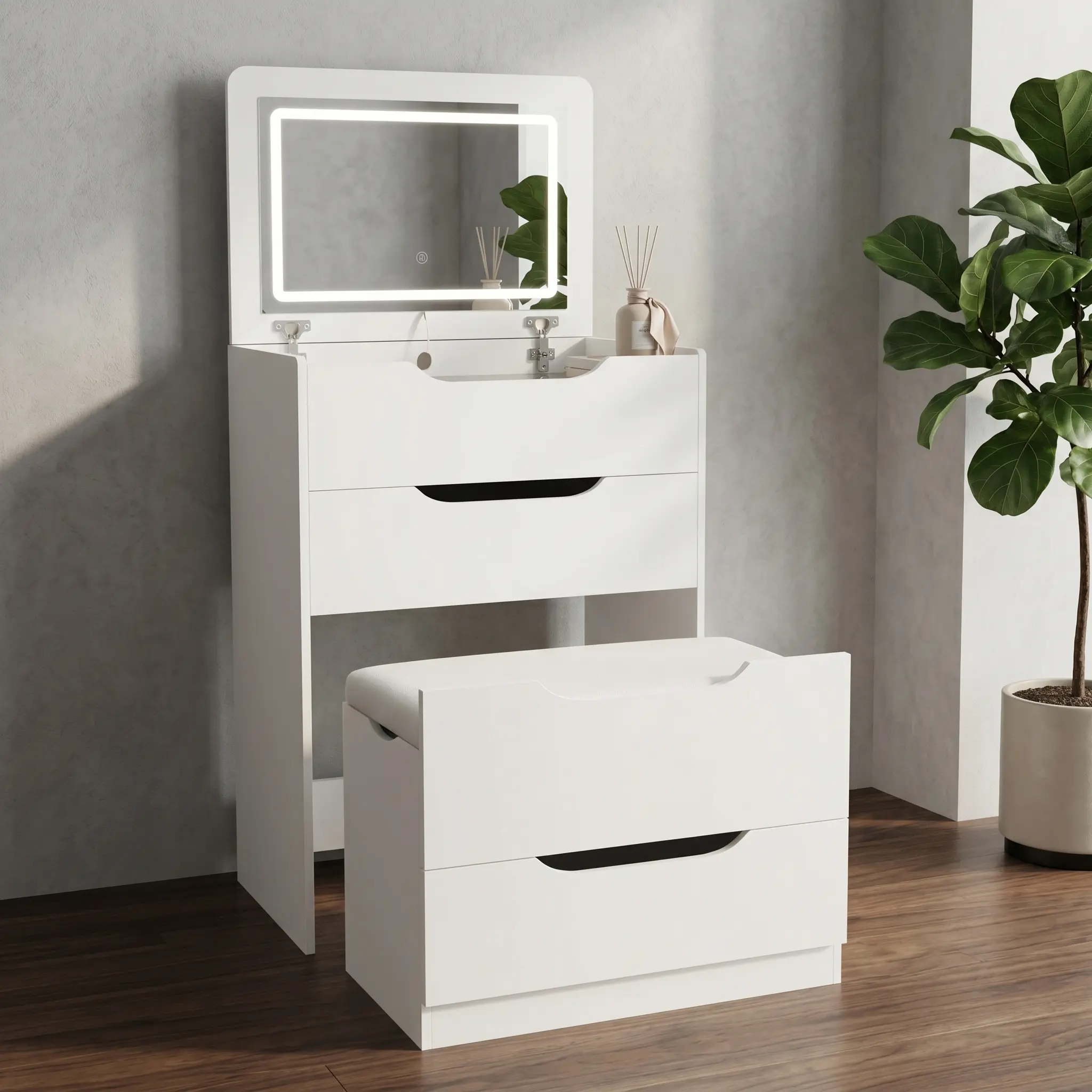 Hidden Makeup Vanity,With Flip-Top LED Mirror, 3-Color Lighting, 3 in 1 vanity,Transparent Stain-Resistant Glass Top, 3 Drawers, Silent Slide Rails, with Storage Stool, Compact Dressing