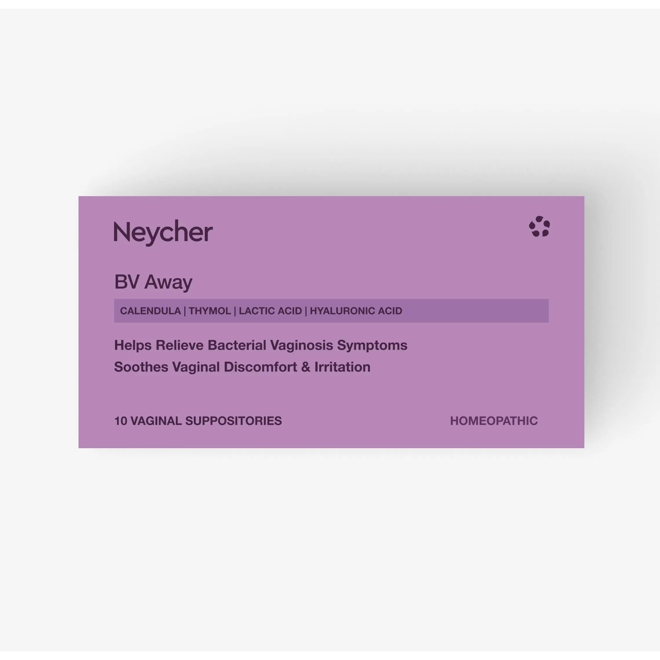 Neycher BV Away Vaginal Suppostories. Eliminate BV Fast and Gentle. Relief itching, Burning, Irritation. Controls Odor. Homeopathic, 4 Herbs, lactic Acid, zinc, hyaluronic Acid Daily Comfort