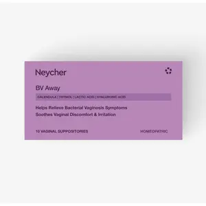 Neycher BV Away Vaginal Suppostories. Eliminate BV Fast and Gentle. Relief itching, Burning, Irritation. Controls Odor. Homeopathic, 4 Herbs, lactic Acid, zinc, hyaluronic Acid Daily Comfort