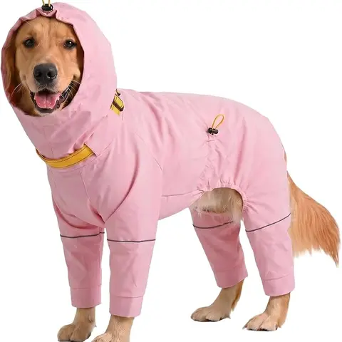 Kuoser Dog Raincoat - Waterproof Outdoor Pet Clothing with Reflective Stripes, Adjustable Hood, Leash D-Ring, 8-Leg Design, Lightweight Fabric for Hikes, Full-Body Coverage for Small/Medium/Large Dogs (Pink, Black)
