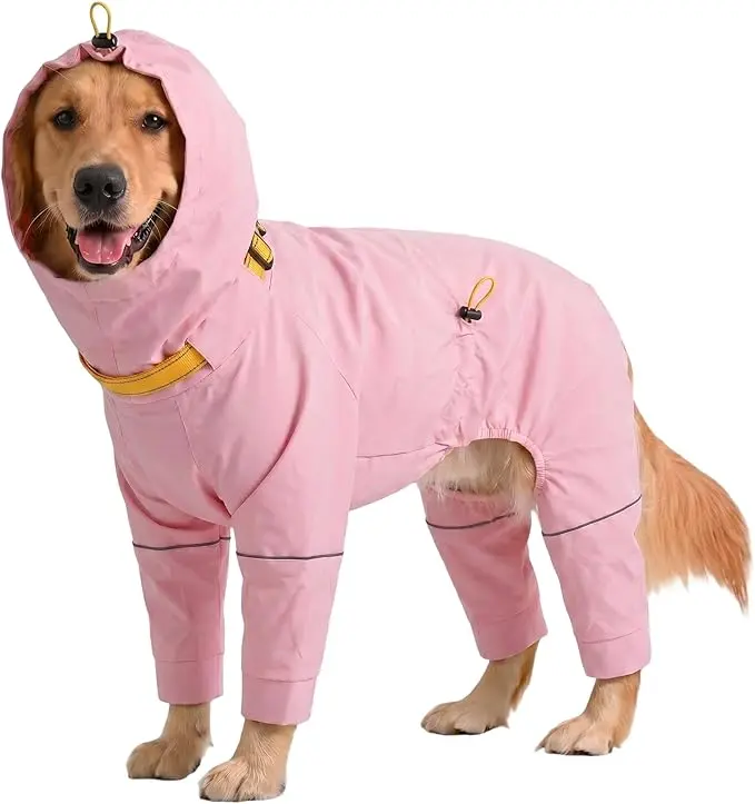 Kouser Waterproof Dog Raincoat with Reflective Stripes, Adjustable Dog Rain Jacket with Leash D-Ring, Lightweight Full-Body Coverage Hooded Poncho Rain Coat for Small Medium Large Dogs, Pink，Black
