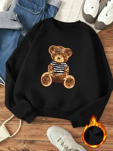 Bear Pattern Print Women's Sweatshirt, Casual Round Neck Pullover, Long Sleeve Fitted Top, Daily Wear, Fall & Winter Fashion