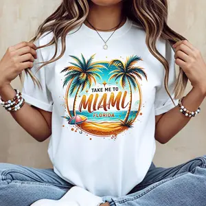 Palm Tree Beach Scene Take Me To Miami Florida Print T Shirt Women Casual Short Sleeve Top Summer Vacation Outfit
